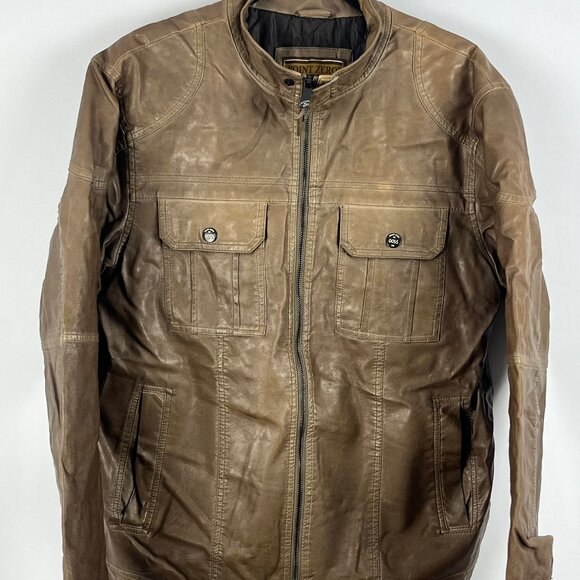 Point Zero Faux Leather Bomber Jacket Size S Brown Long Sleeve Band Collar Zip - Picture 1 of 9